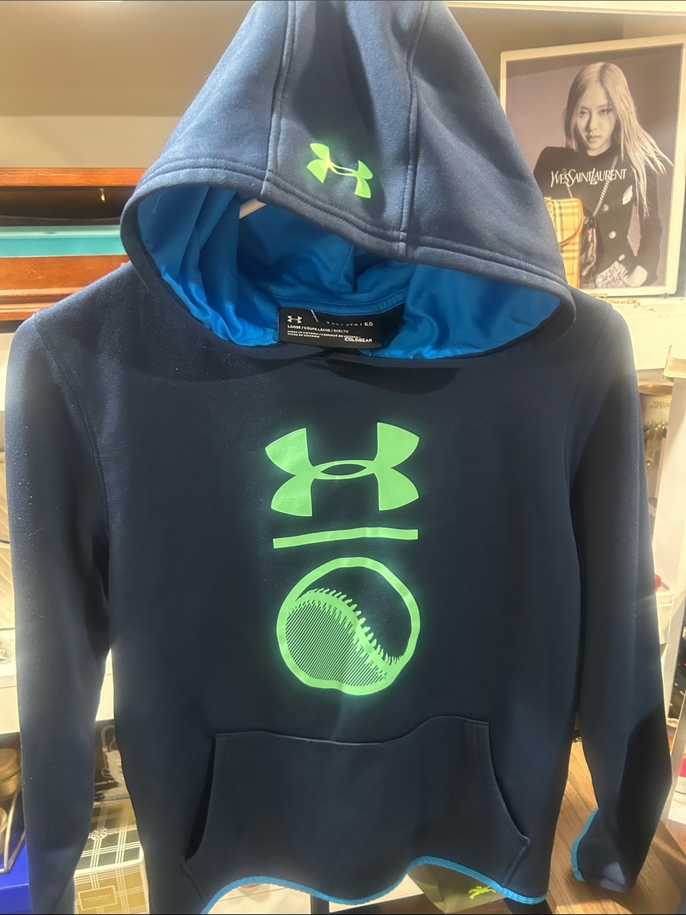 Under Armour Kids Navy Hoodie with Neon Green Logo and Baseball Graphic